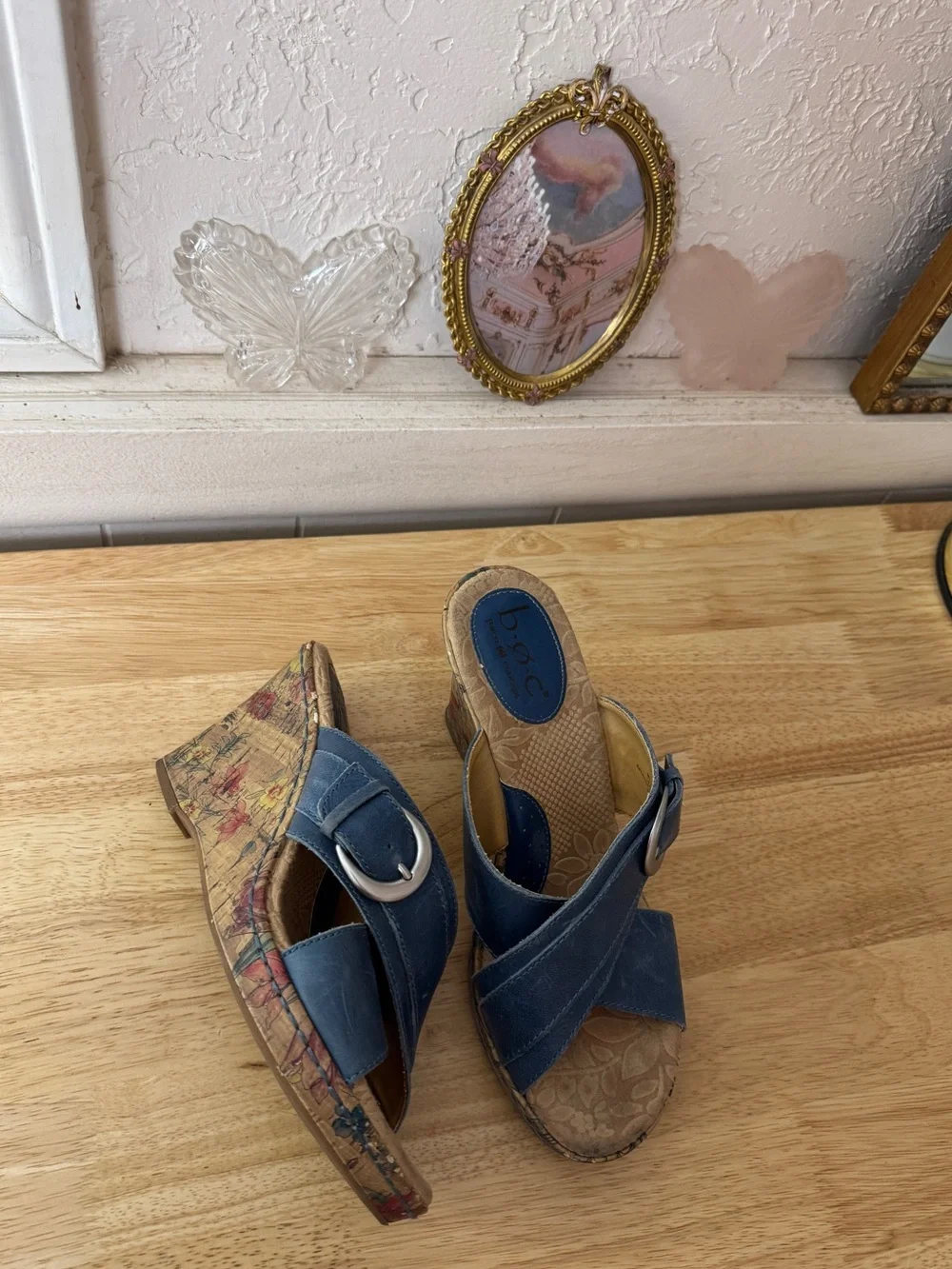 B.O.C. Blue Leather Cork Wedge Slide Sandals Size 7 Y2K Comfort Floral Wedges
